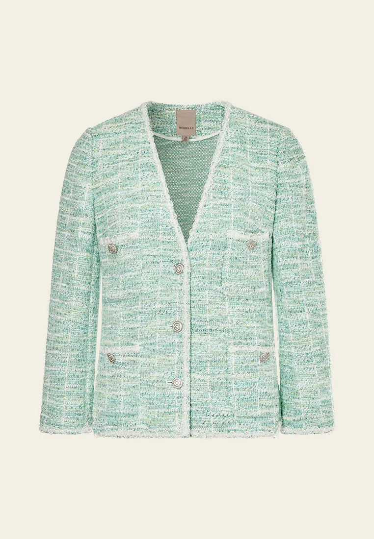 Mint Green V-neck Stretch Tweed Jacket