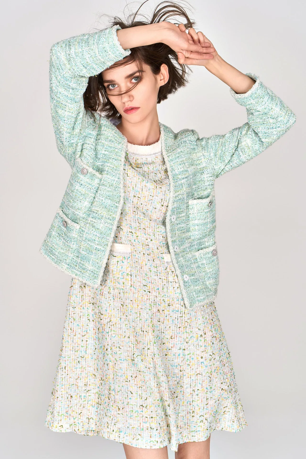 Mint Green V-neck Stretch Tweed Jacket