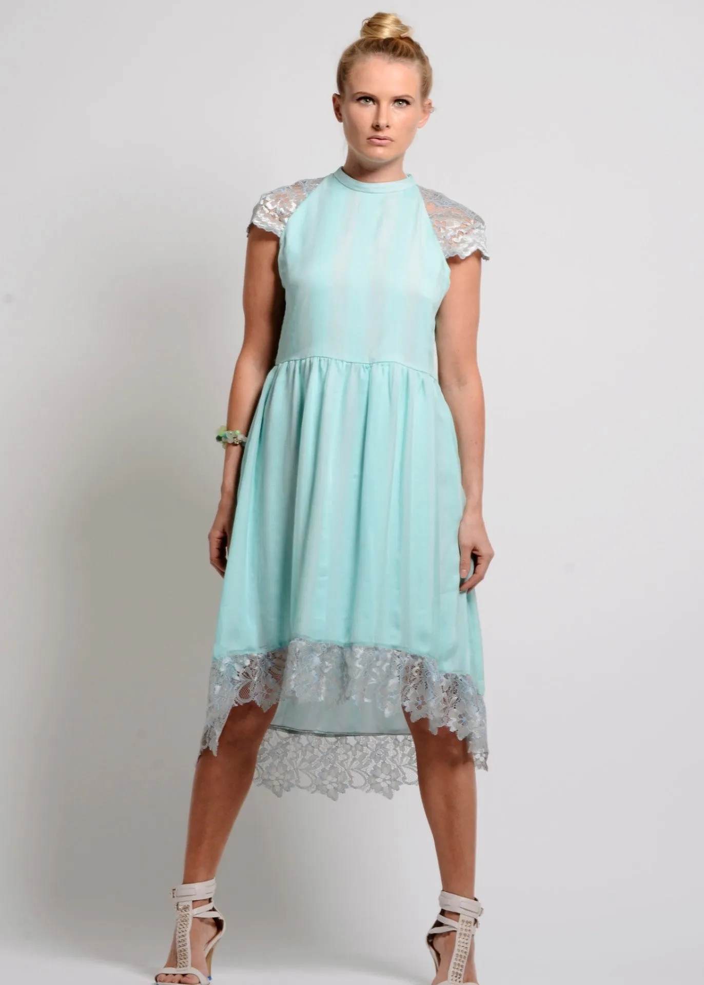 Mint Silk chiffon self-striped fit & flare dress with lace trim- SOLD OUT