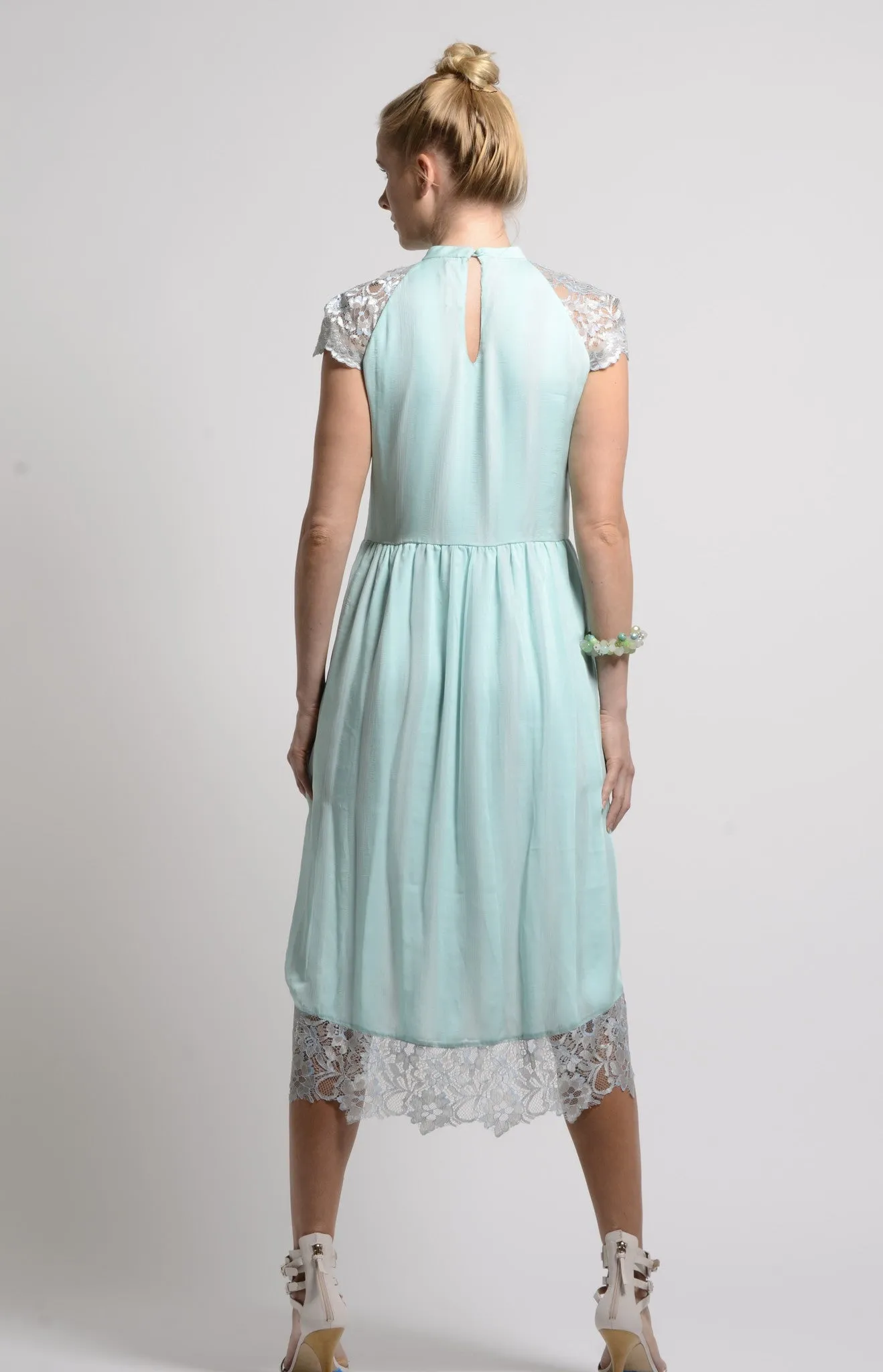 Mint Silk chiffon self-striped fit & flare dress with lace trim- SOLD OUT