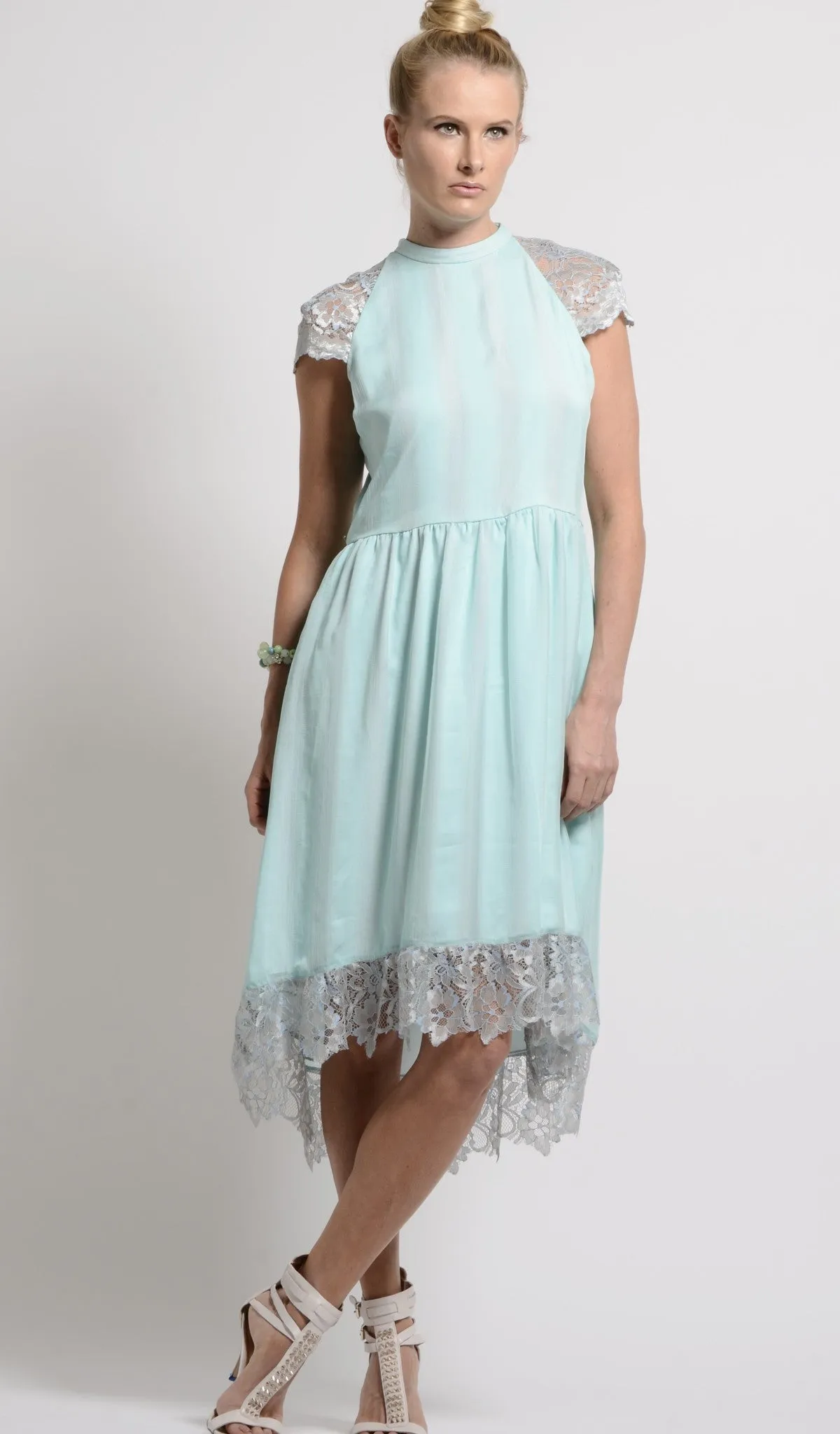 Mint Silk chiffon self-striped fit & flare dress with lace trim- SOLD OUT