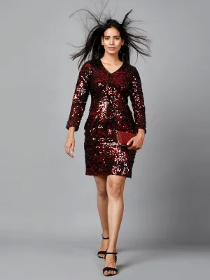 Miracolos Red and Black Sequins Embellished Party V-neck Short Dress