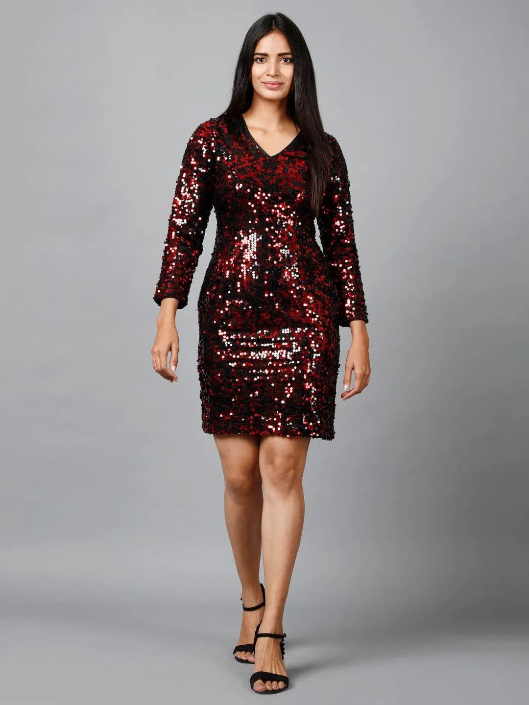 Miracolos Red and Black Sequins Embellished Party V-neck Short Dress