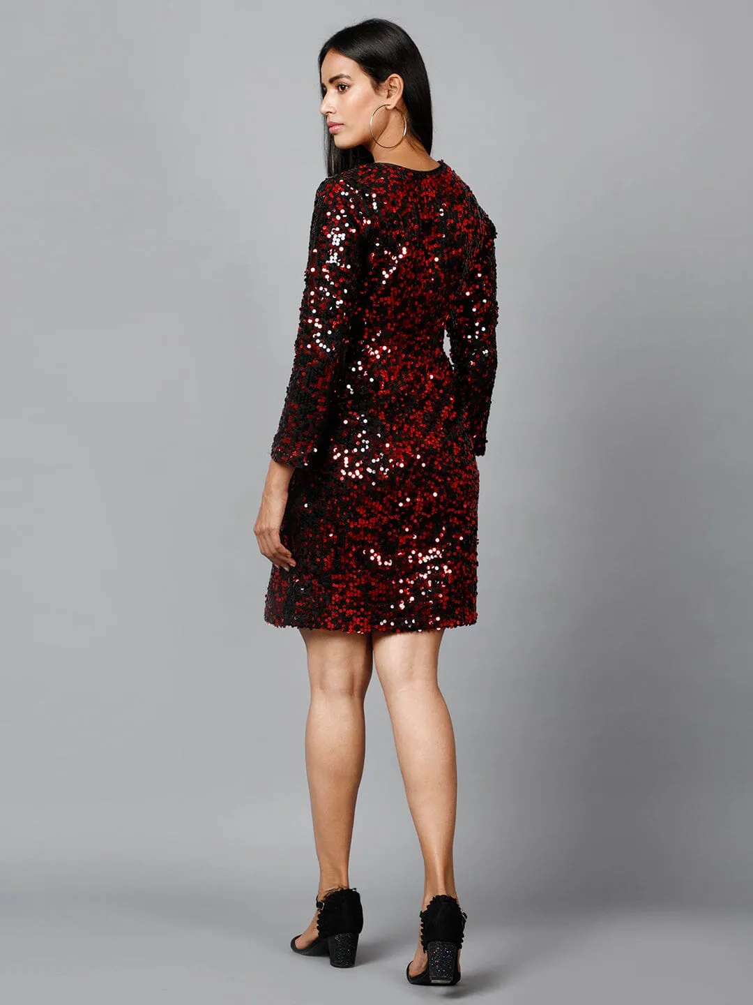 Miracolos Red and Black Sequins Embellished Party V-neck Short Dress