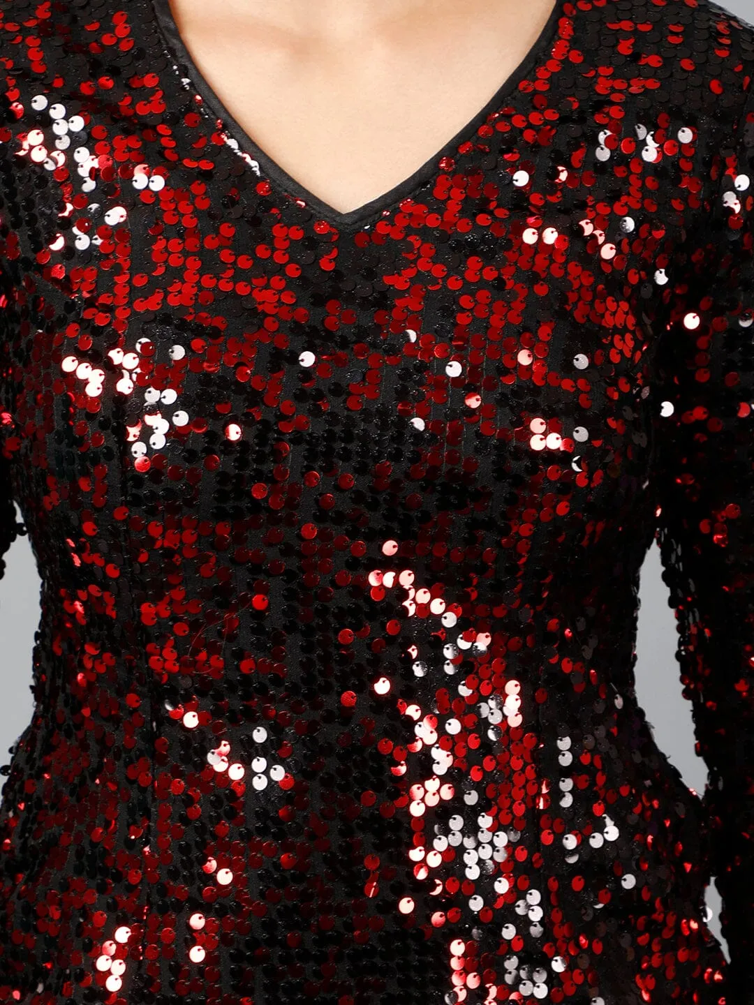 Miracolos Red and Black Sequins Embellished Party V-neck Short Dress