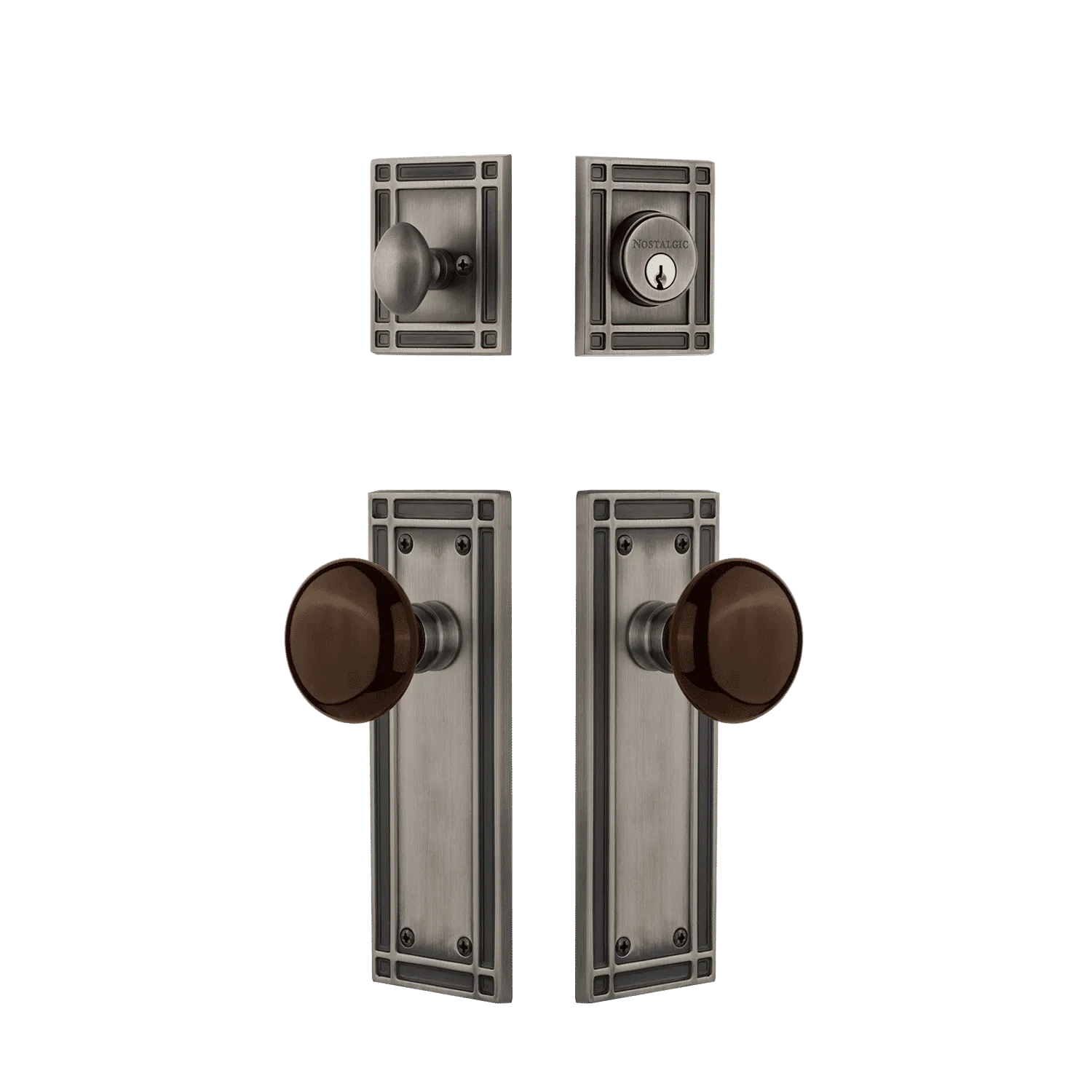 Mission Entry Set with Brown Porcelain Knob in Antique Pewter