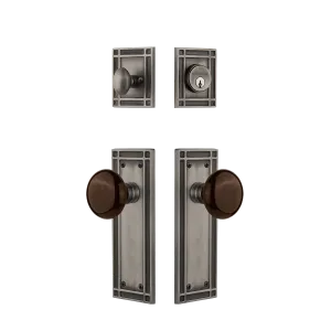 Mission Entry Set with Brown Porcelain Knob in Antique Pewter