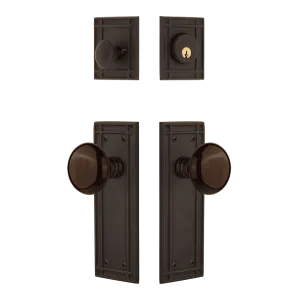 Mission Entry Set with Brown Porcelain Knob in Oil-Rubbed Bronze