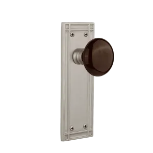 Mission Long Plate with Brown Porcelain Knob in Satin Nickel