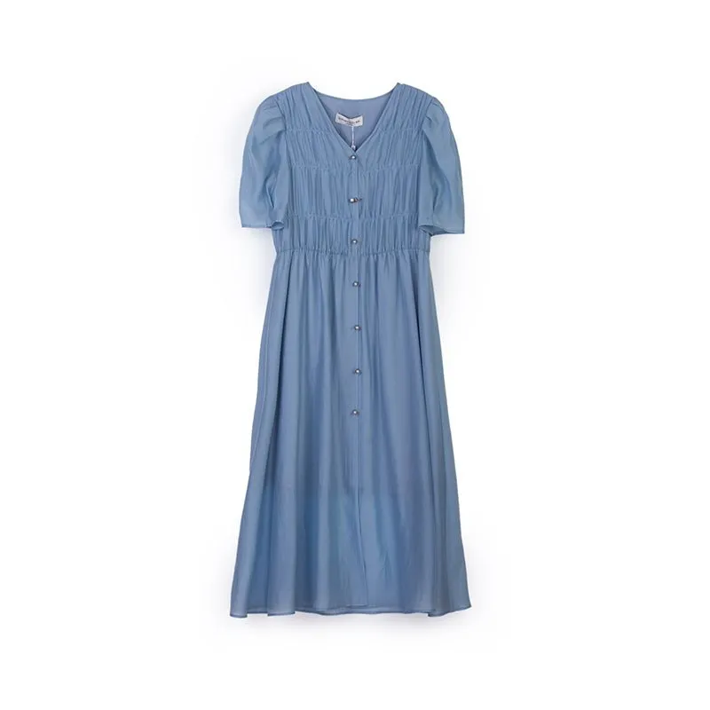 Mist Blue Wrinkle Puff Sleeve Dress