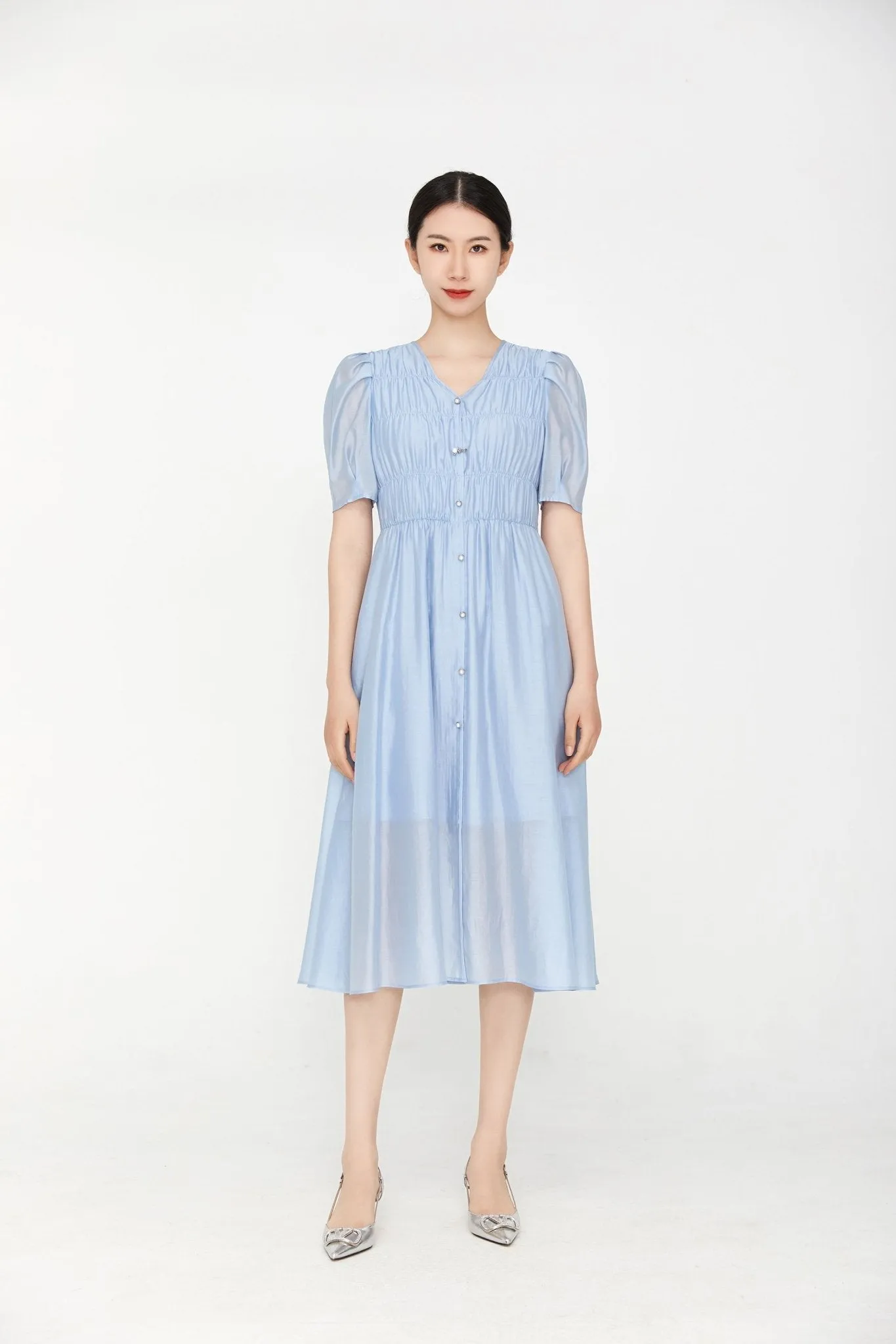 Mist Blue Wrinkle Puff Sleeve Dress