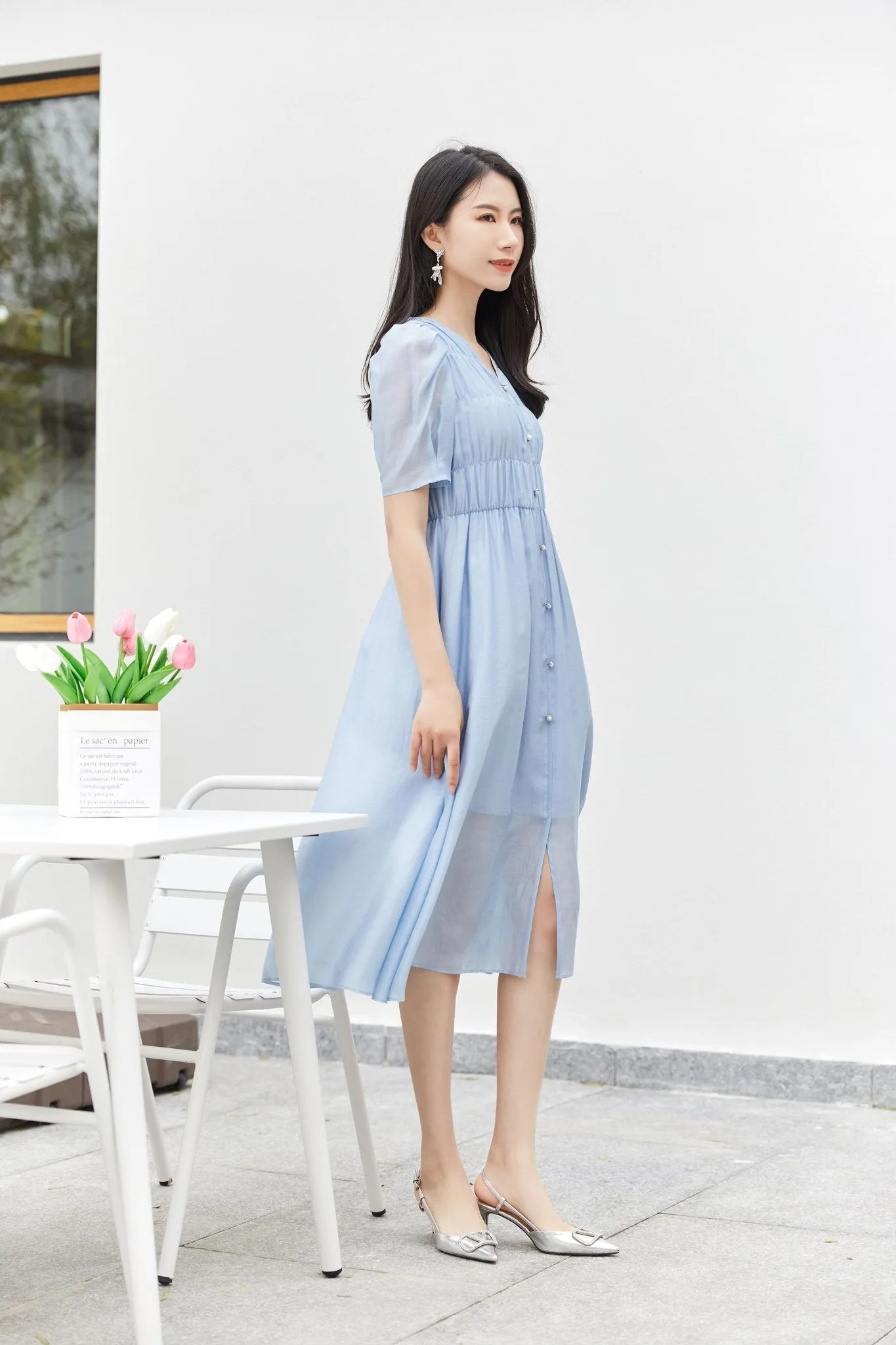 Mist Blue Wrinkle Puff Sleeve Dress