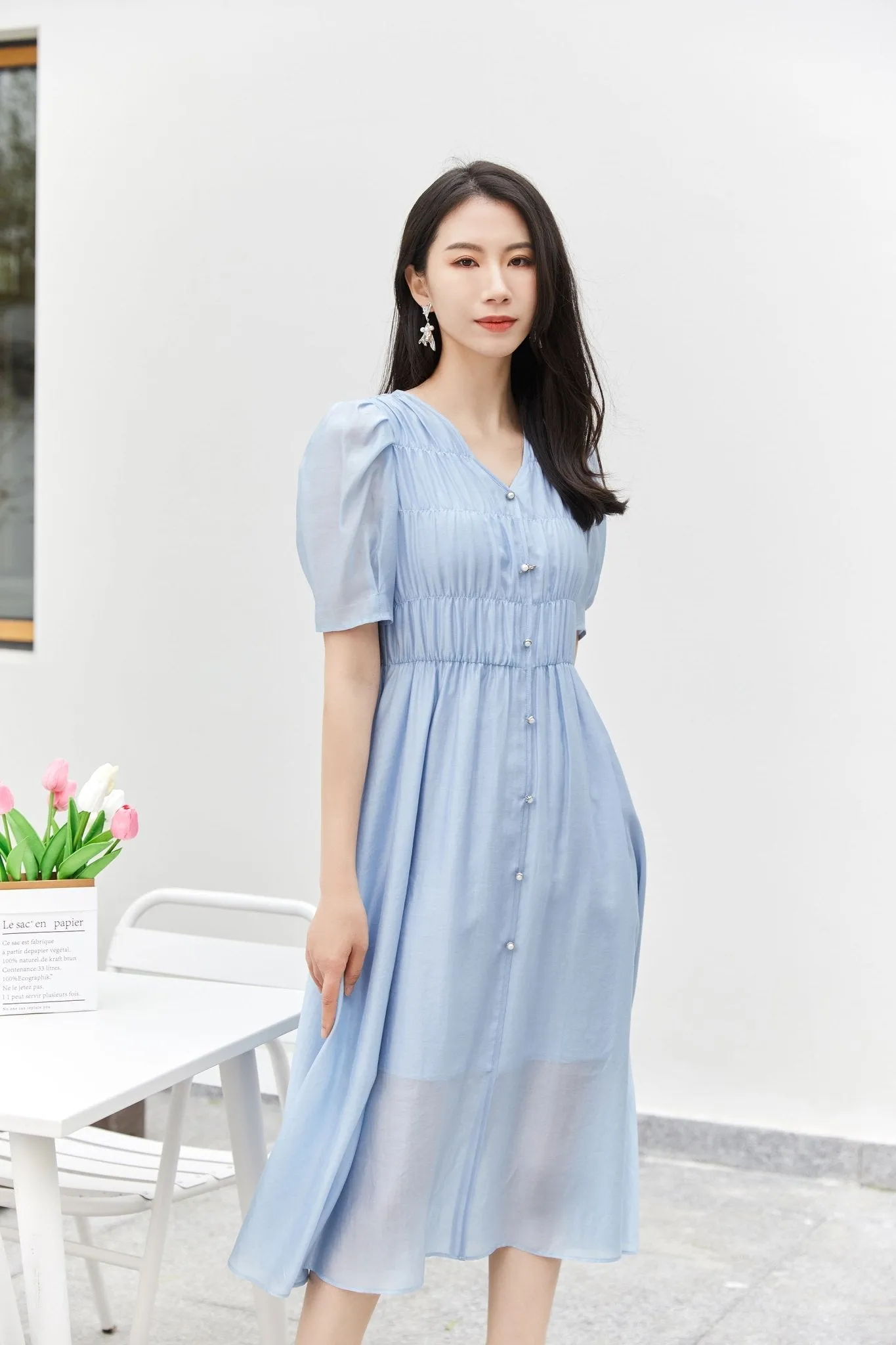 Mist Blue Wrinkle Puff Sleeve Dress