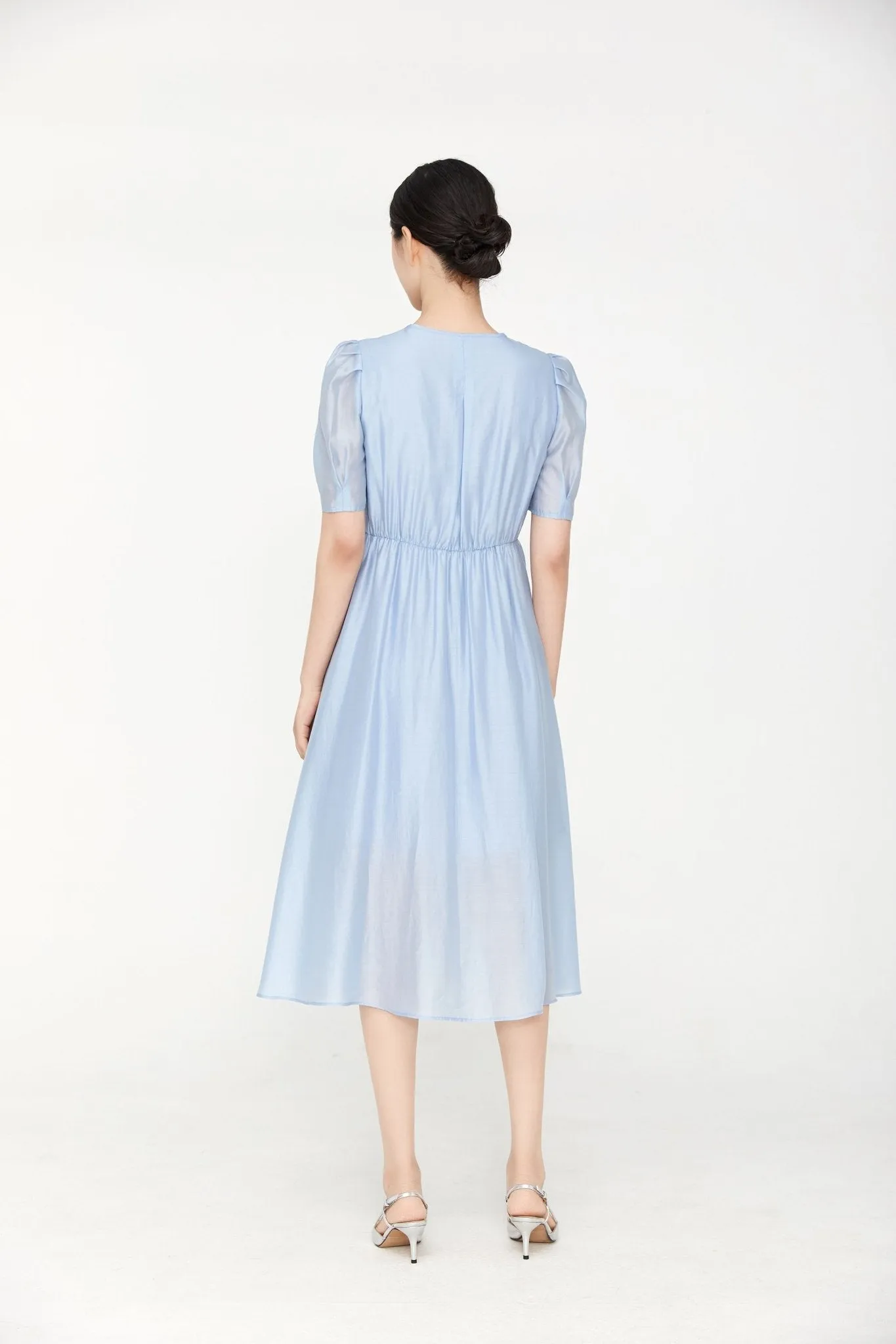 Mist Blue Wrinkle Puff Sleeve Dress