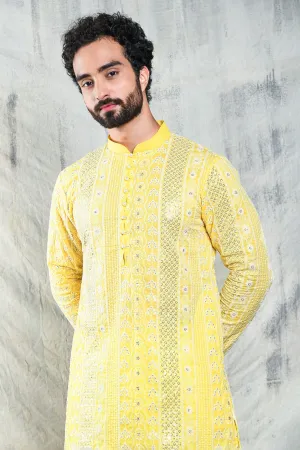 MISTED YELLOW SEQUIN EMBROIDERED KURTA SET WITH PEARL BUTTON DETAIL