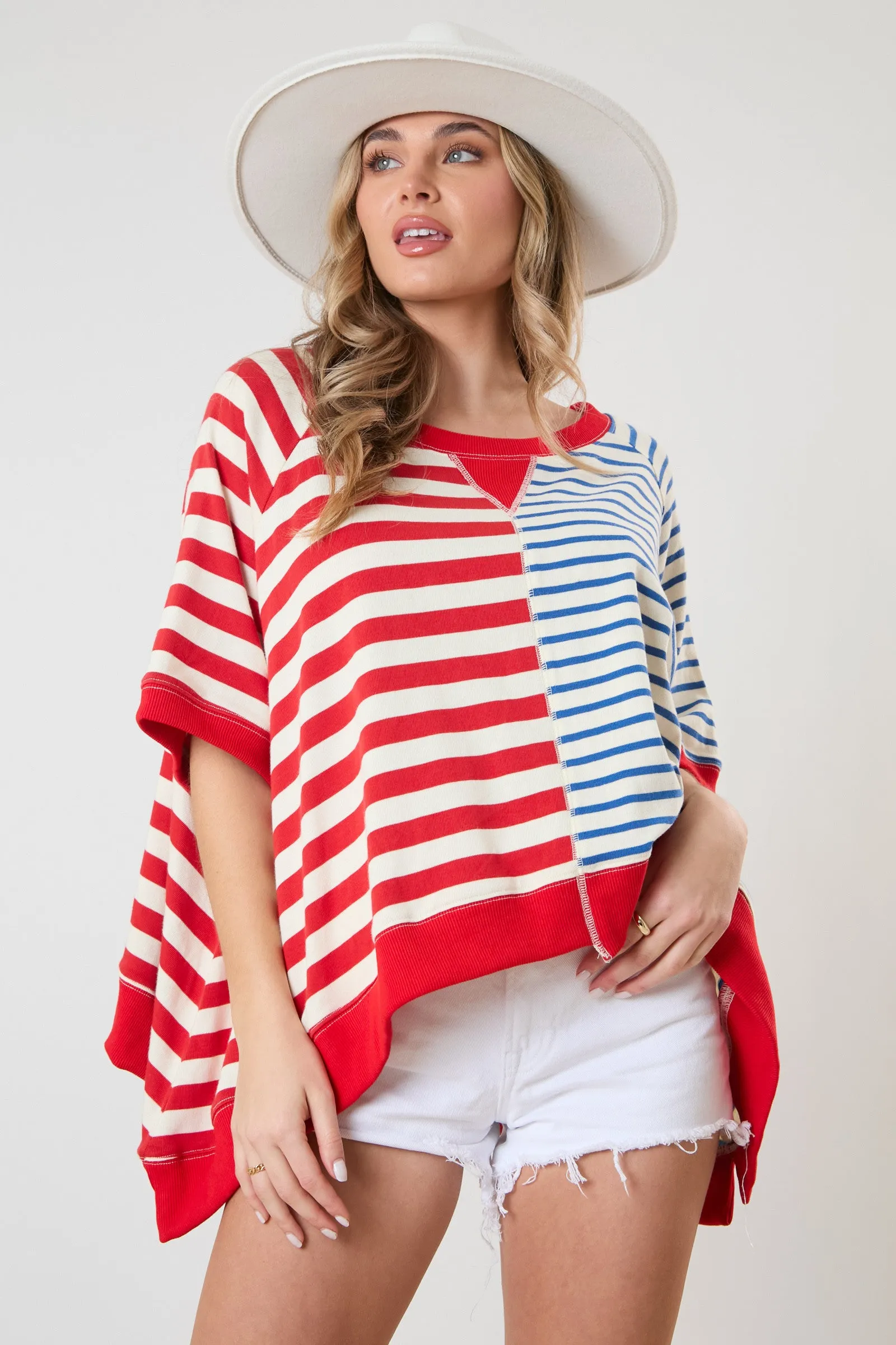 Mixed Multi Stripe Short Sleeve Oversized Sweatshirt