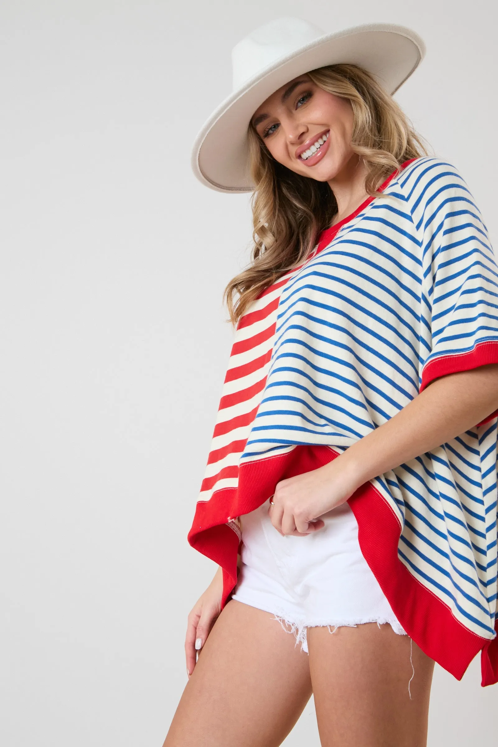 Mixed Multi Stripe Short Sleeve Oversized Sweatshirt