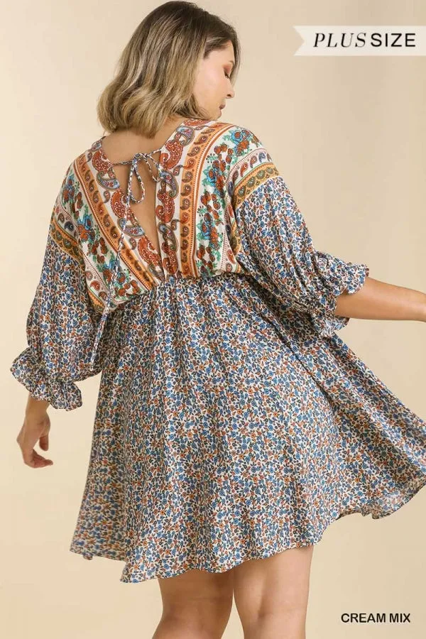 Mixed Print Bohemian Dress, Cream