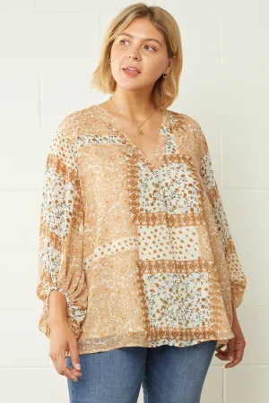 Mixed Print Bubble Sleeve Blouse