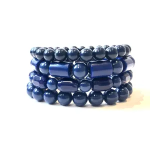 Mixed Toned Navy Blue Facets & Tubes Stack & Stretch Bracelets Set