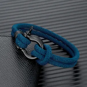 MKENDN Men Women Navy Blue Marine Sailor Rope Nautical Survival Shackle Bracelet Black Stainless Steel Wrap Metal Sport Hooks