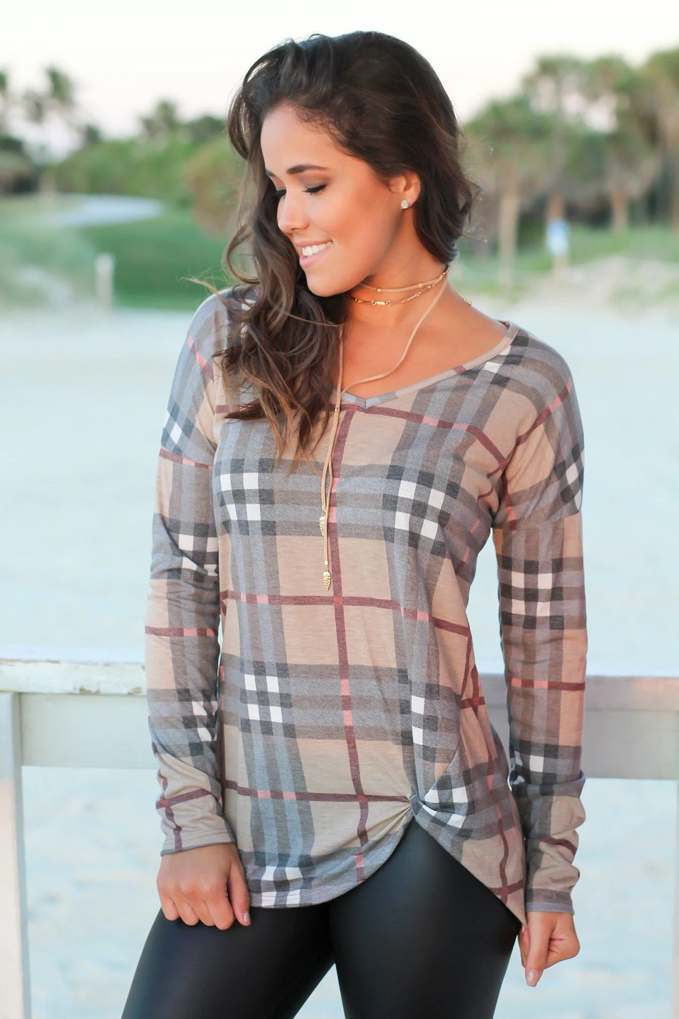 Mocha Plaid Long Sleeve Top with Knot