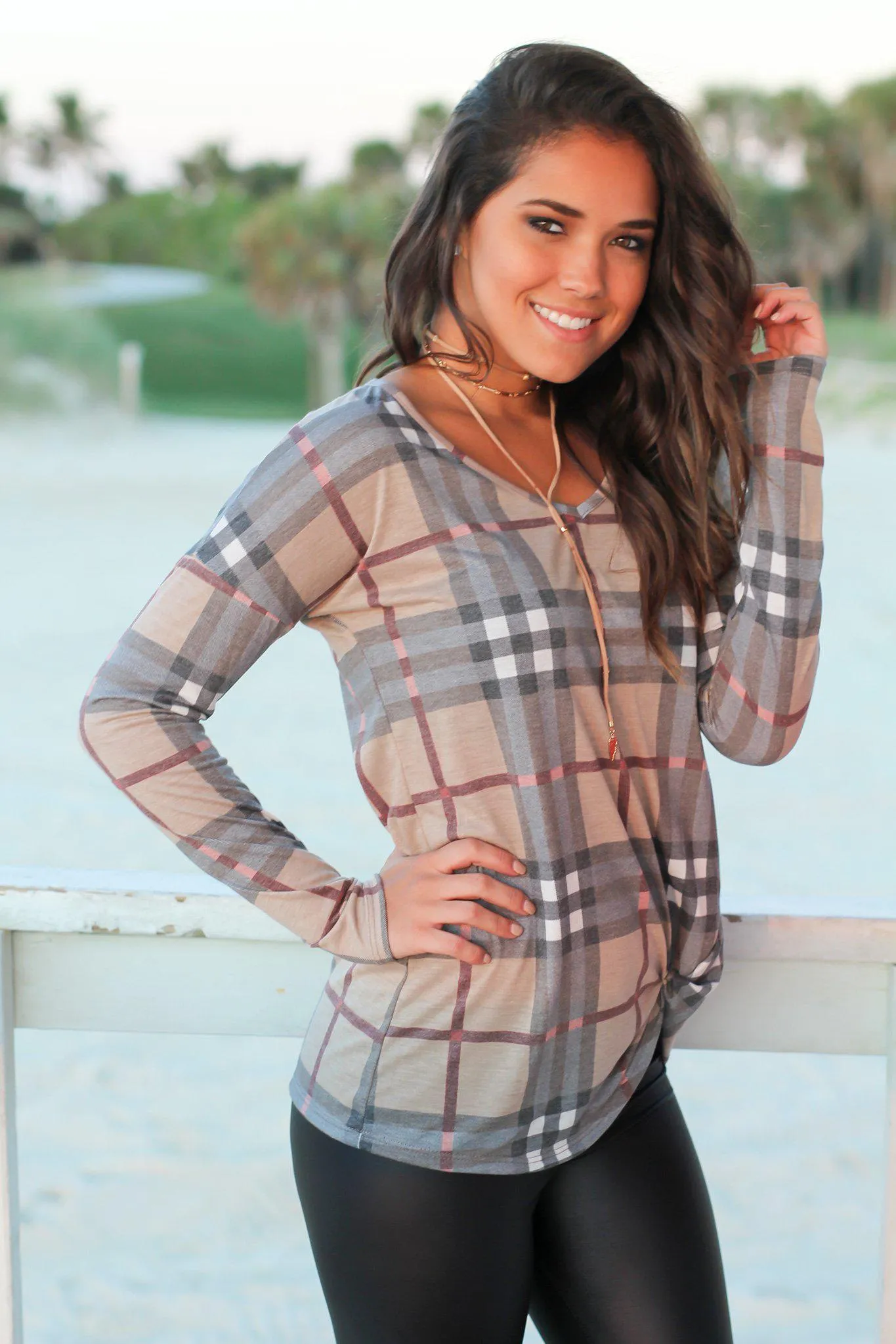 Mocha Plaid Long Sleeve Top with Knot