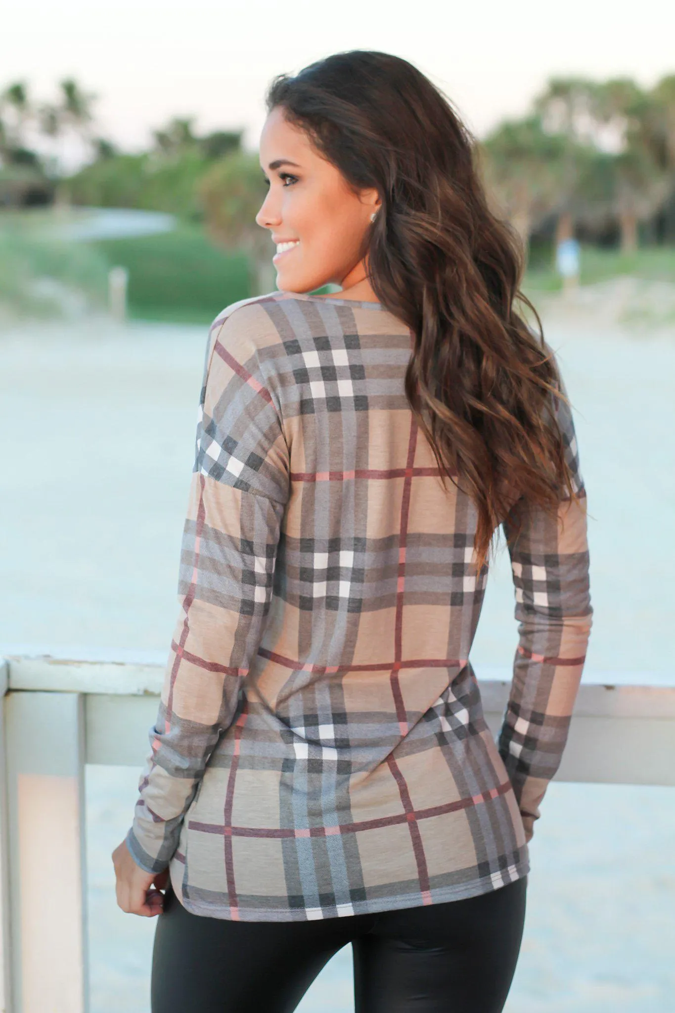 Mocha Plaid Long Sleeve Top with Knot