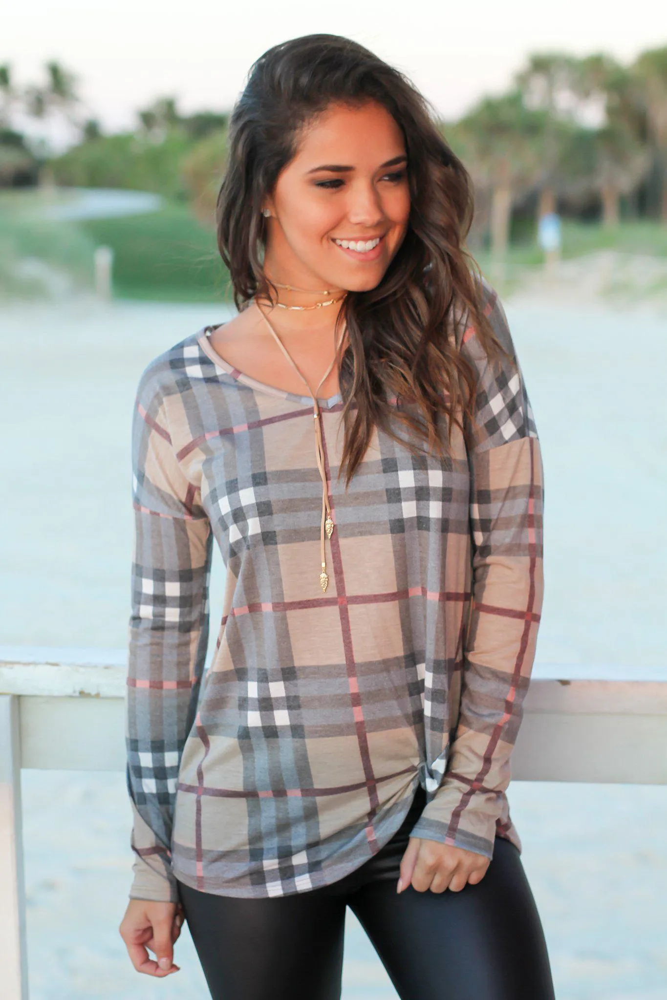 Mocha Plaid Long Sleeve Top with Knot