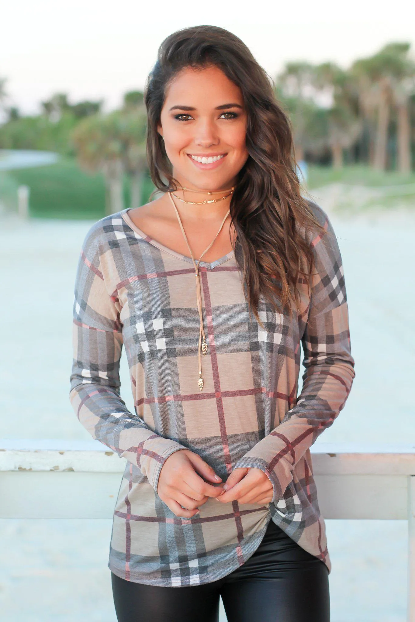 Mocha Plaid Long Sleeve Top with Knot