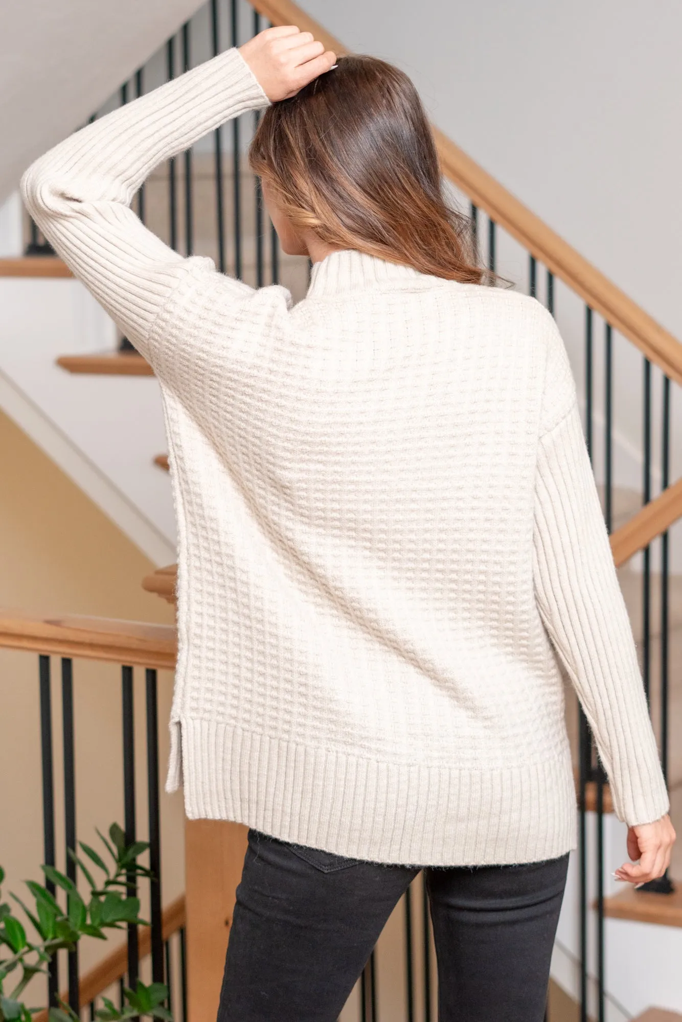 Mock Neck Popcorn Sweater - Bone