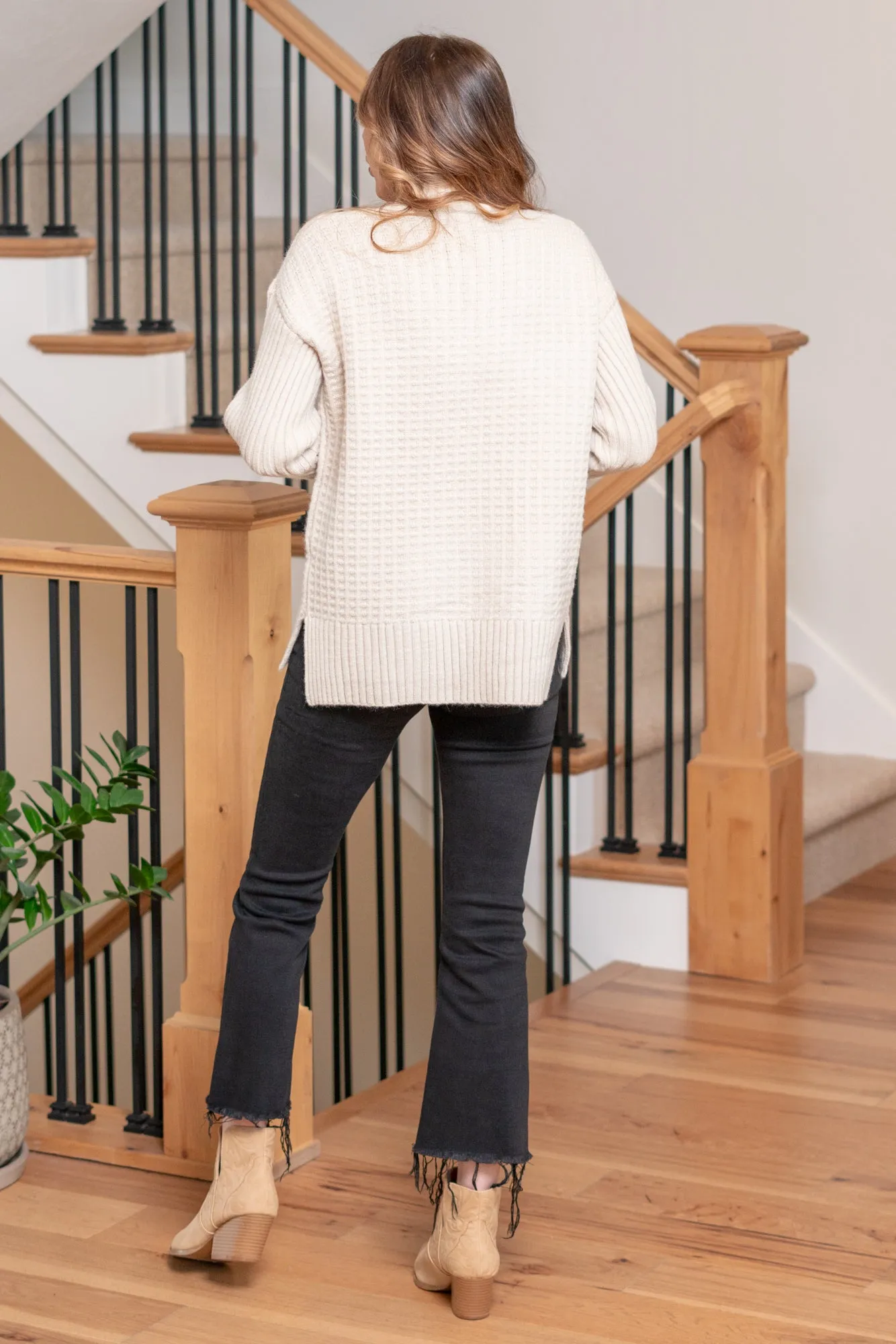 Mock Neck Popcorn Sweater - Bone