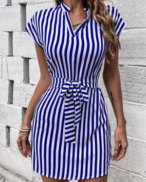 Mock Neck Sleeveless Striped Lace-up Dress