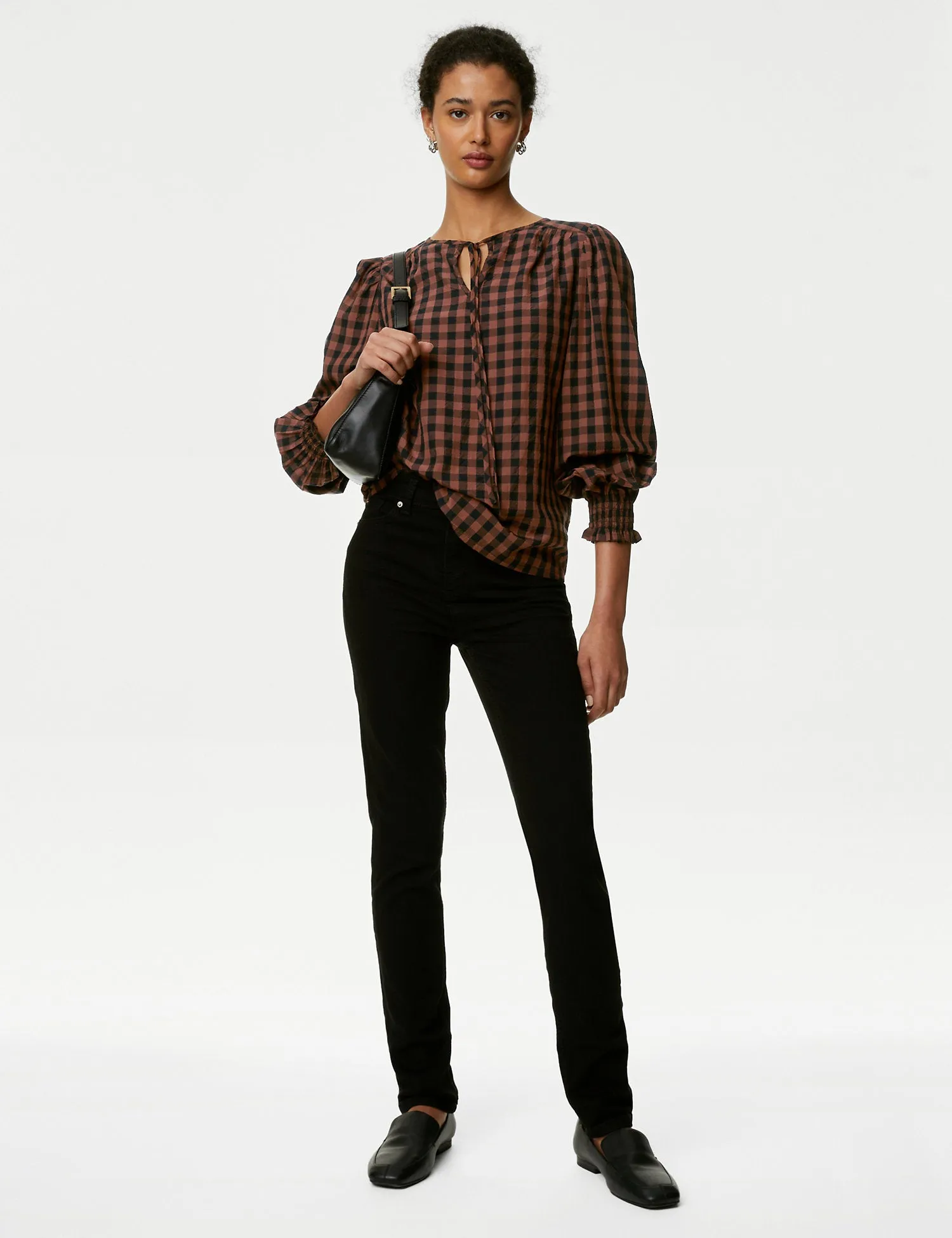 Modal Rich Checked Tie Neck Blouse