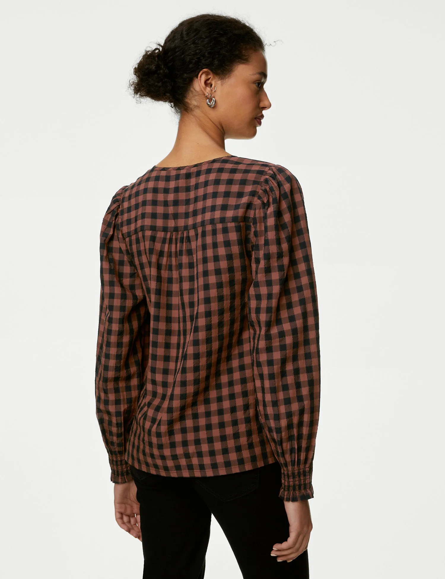 Modal Rich Checked Tie Neck Blouse