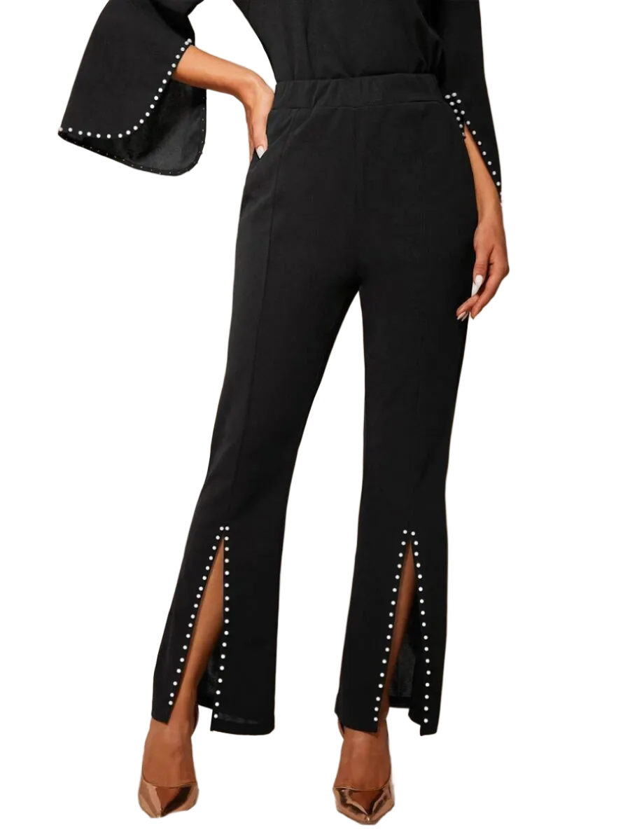 Modely Pearls Beaded Split Hem Flare Leg Pants - Black