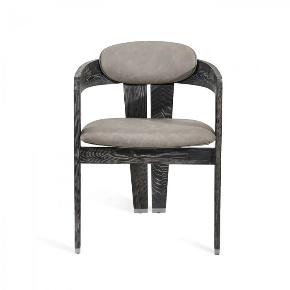 Modern 3 Leg Dining Chair Armchair Charcoal Wood & Gray Faux Leather