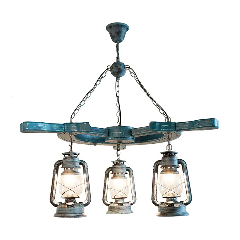 Modern 3-Light Blue Industrial Chandelier with Clear Glass Shade for Living Room