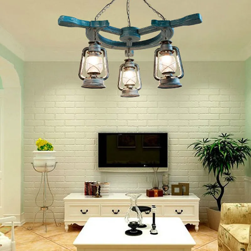 Modern 3-Light Blue Industrial Chandelier with Clear Glass Shade for Living Room