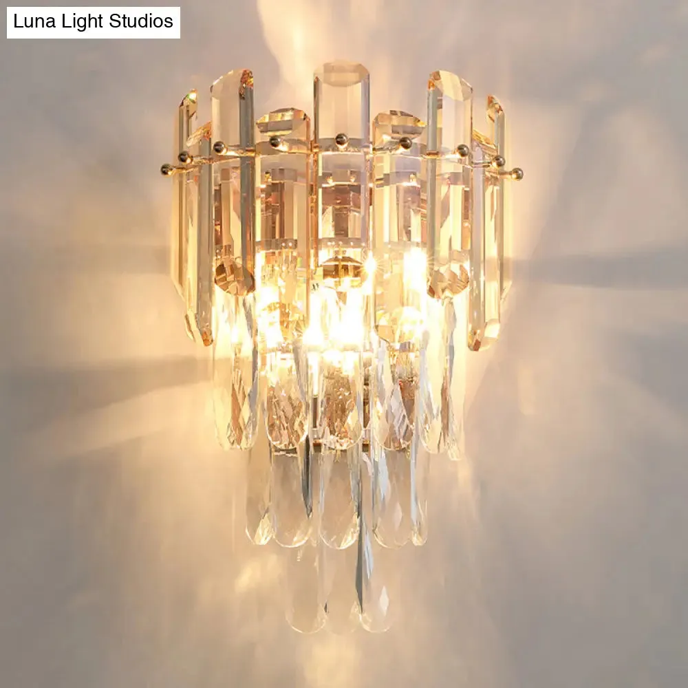 Modern 4-Tiered Crystal Wall Sconce with Beveled Crystal and 2-Bulb Light Fixture for Restaurants