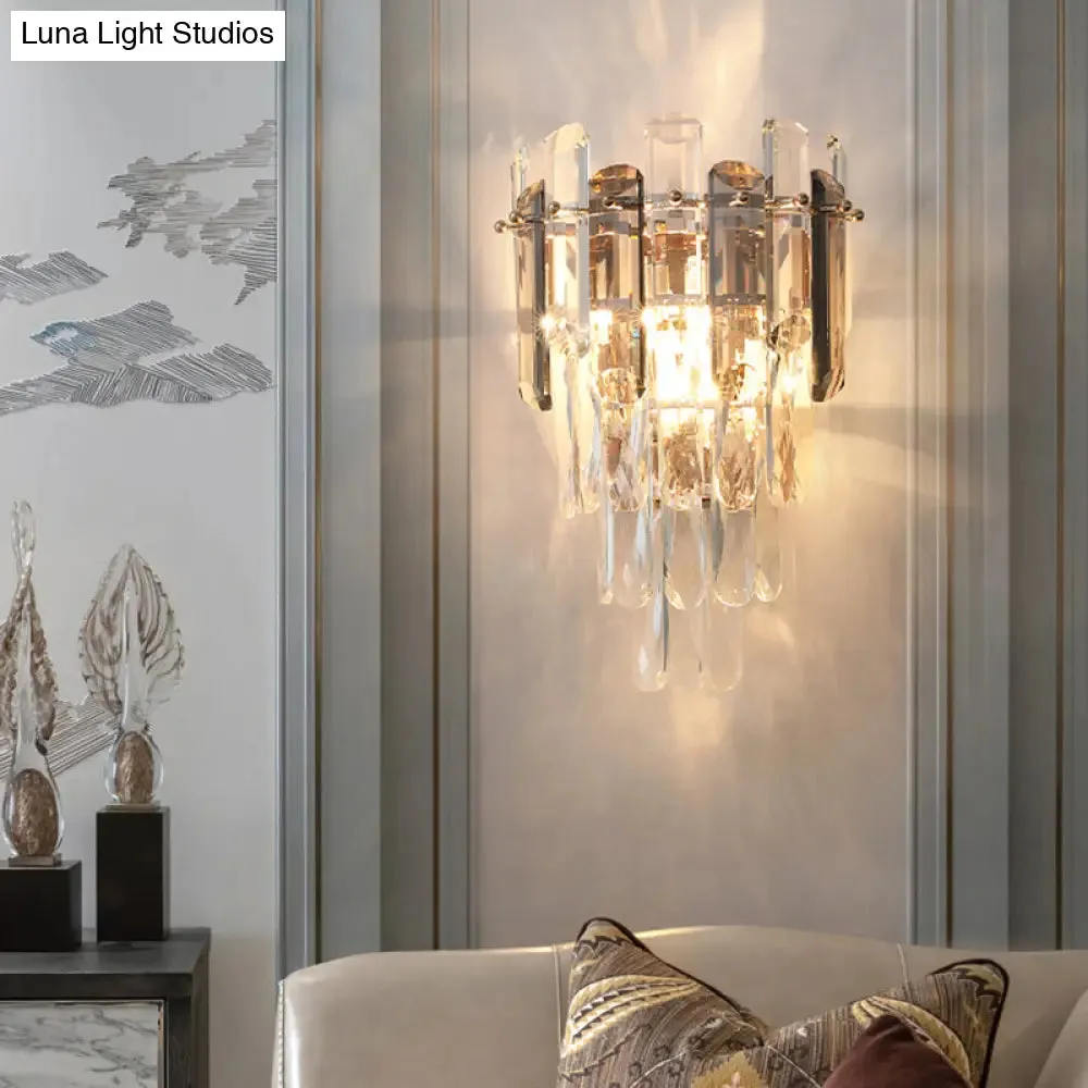 Modern 4-Tiered Crystal Wall Sconce with Beveled Crystal and 2-Bulb Light Fixture for Restaurants