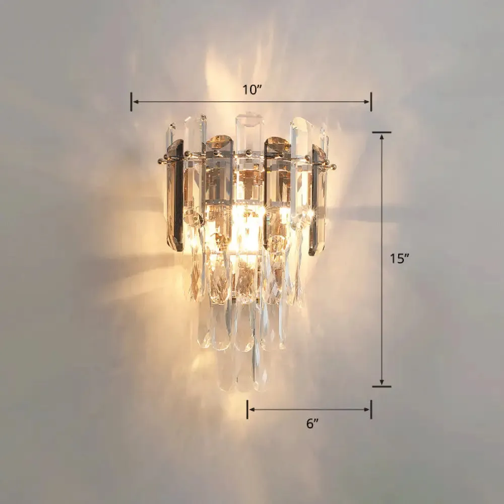 Modern 4-Tiered Crystal Wall Sconce with Beveled Crystal and 2-Bulb Light Fixture for Restaurants