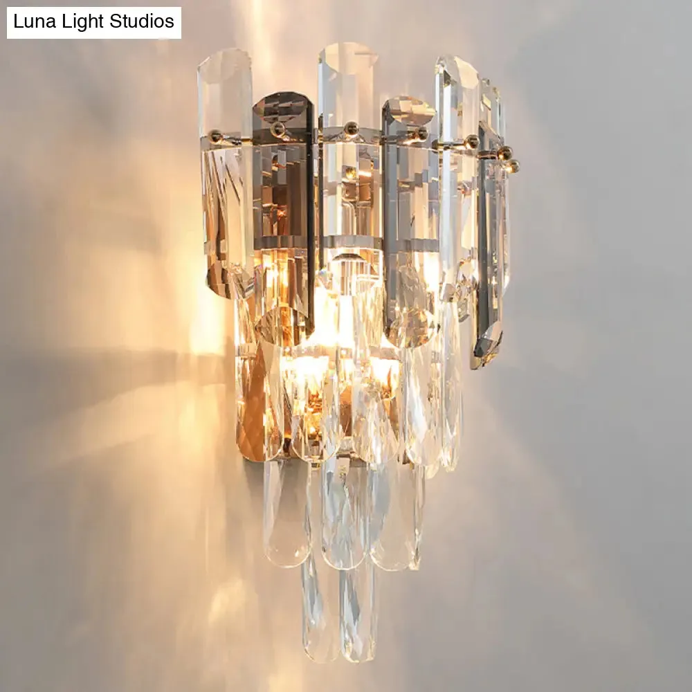 Modern 4-Tiered Crystal Wall Sconce with Beveled Crystal and 2-Bulb Light Fixture for Restaurants