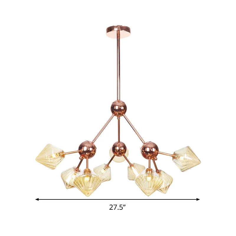 Modern Amber Glass Diamond Chandelier - 9 Bulbs - Rose Gold Pendant Light Fixture