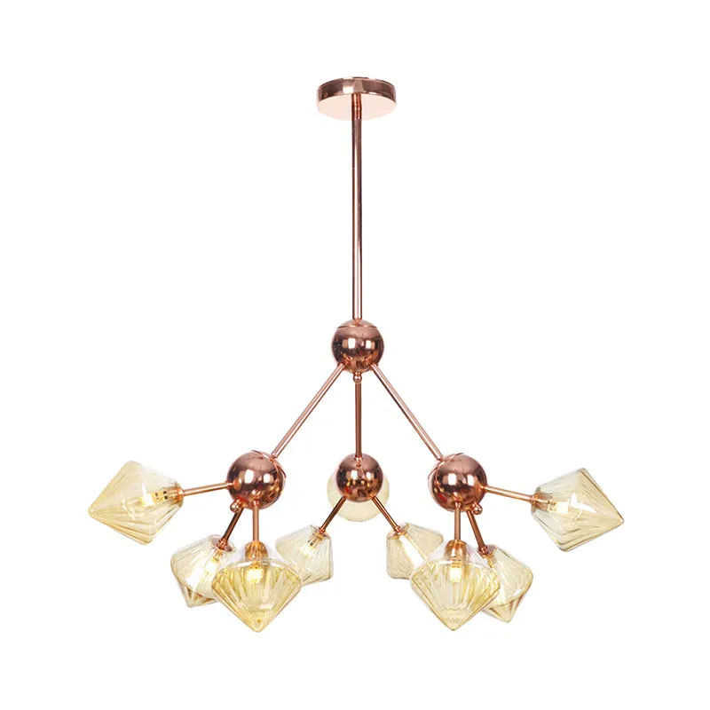 Modern Amber Glass Diamond Chandelier - 9 Bulbs - Rose Gold Pendant Light Fixture