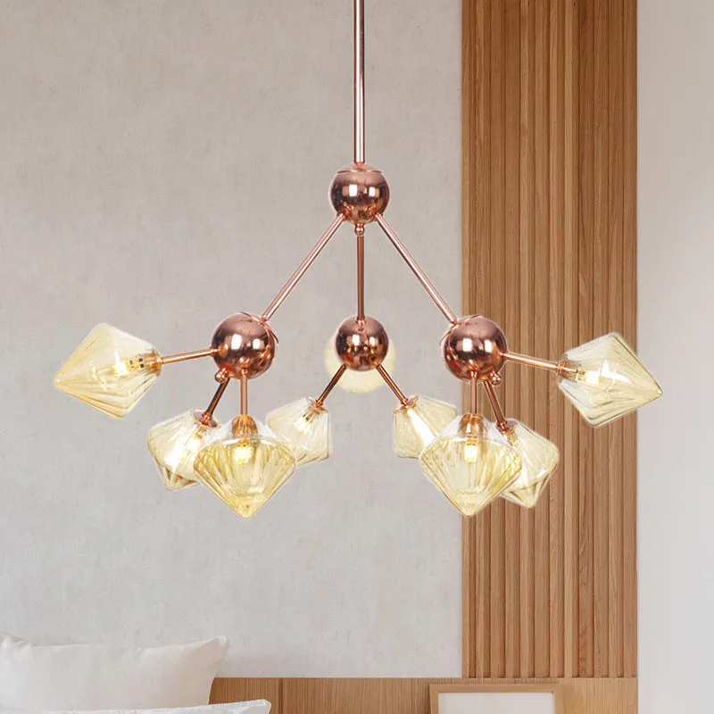 Modern Amber Glass Diamond Chandelier - 9 Bulbs - Rose Gold Pendant Light Fixture