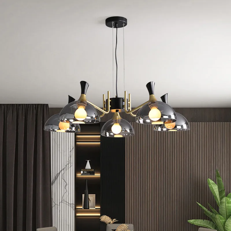 Modern Black-Brass Glass Chandelier with Bowl Shape for Restaurants