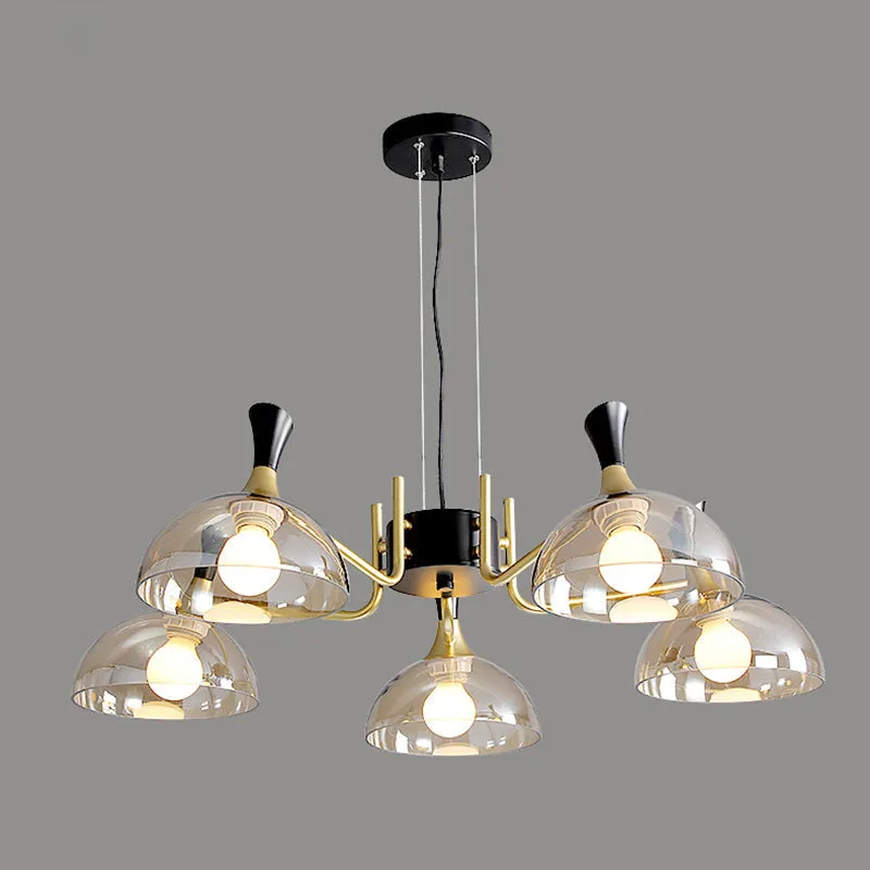 Modern Black-Brass Glass Chandelier with Bowl Shape for Restaurants