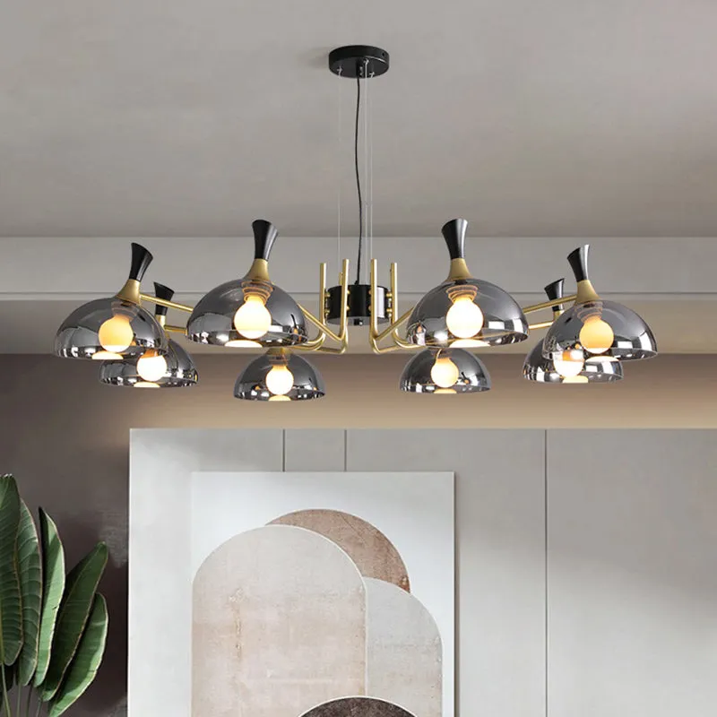 Modern Black-Brass Glass Chandelier with Bowl Shape for Restaurants