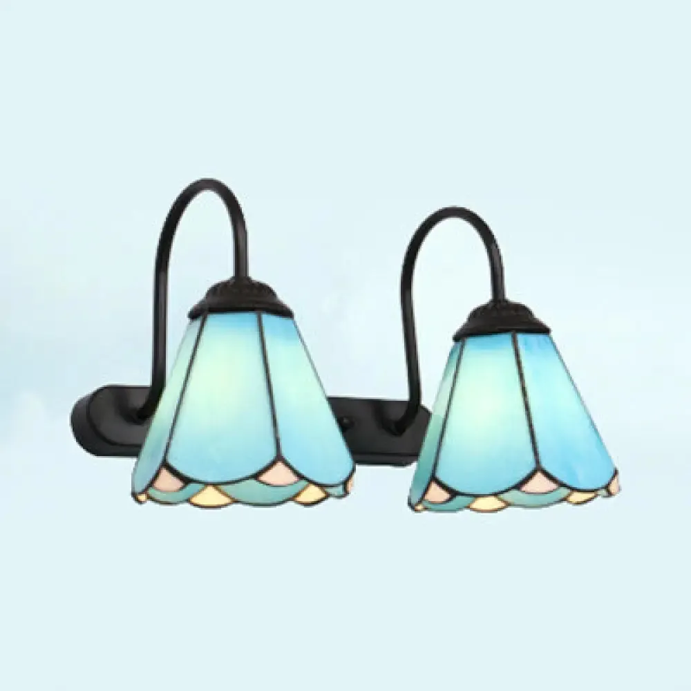 Modern Black Vanity Wall Light with Tiffany White/Blue Glass Cone Sconces - Ideal for Bedroom